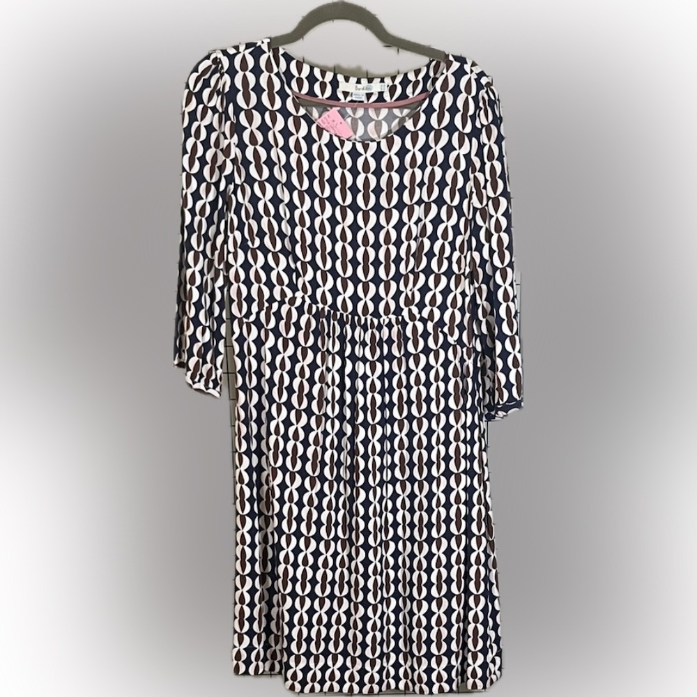 Boden Geometric Print Knit Dress Size 10 Navy Cream Long Sleeve